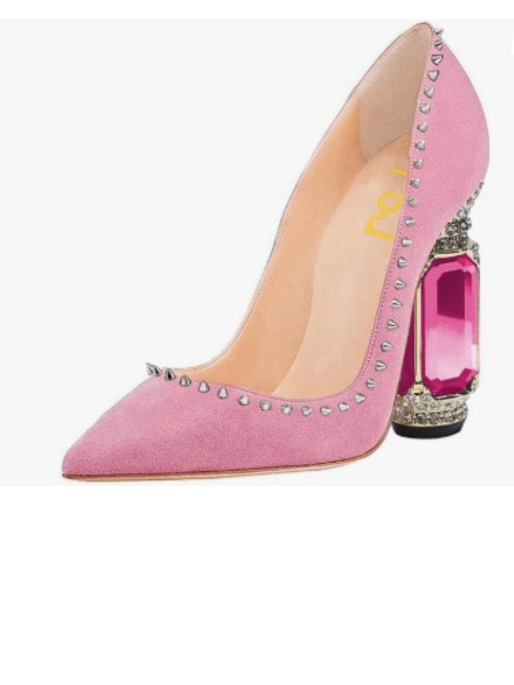FSJ Pink Suede Bridal Pointed Toe Chunky High Heel Crystal Slip on Wedding Pumps